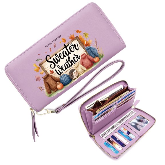 GEEAD Zipper Lady Credit Card Case Wallet Wallet with Wrist Strap for Women Sweater Weather Autumn Theme Sweaters Romantic Gift for Wife & Girlfriend Large Capacity Zip Around