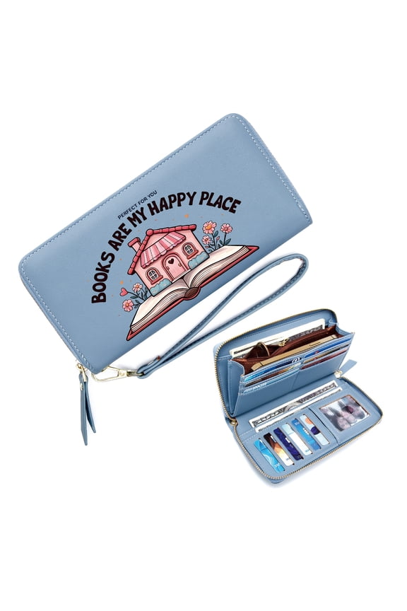 Zipper Lady Credit Card Case Wallet Zipper Card Bag with ID Window Whimsical House Book Joy of Reading Travel Accessory Card Holder Large Capacity Zip Around