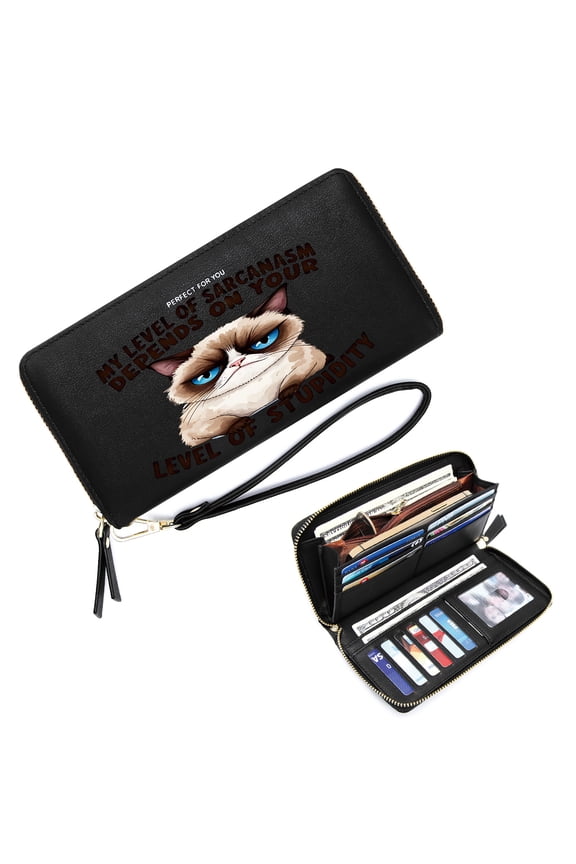 Zipper Pocket Wallet for Women Slim Long Wallet with Zipper Closure Comedic Effect Sarcasm Grumpy Cat Gift for Father's Day Teacher's Day Graduation Snap Button Wallet