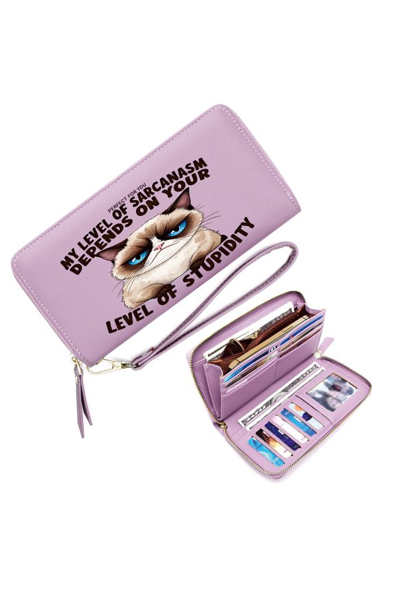 Zipper Pocket Wallet for Women Slim Long Wallet with Zipper Closure Comedic Effect Sarcasm Grumpy Cat Gift for Father's Day Teacher's Day Graduation Snap Button Wallet