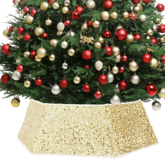 GEEDIAR Christmas Tree Collar 32 Inch Sequin Christmas Tree Skirt Gold Hexagon for Party Holiday Home Decoration