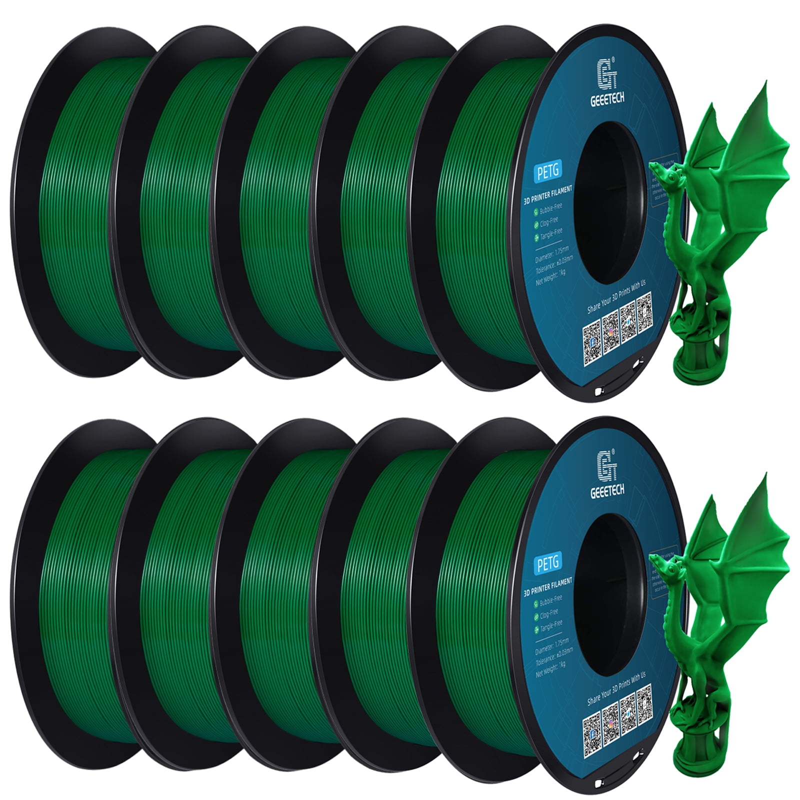 GEEETECH Green PETG Filament 1.75mm, Upgrade Stronger Toughness Printing Consumables, 10kg (22 lbs) Spool Fit Most FDM 3D Printer