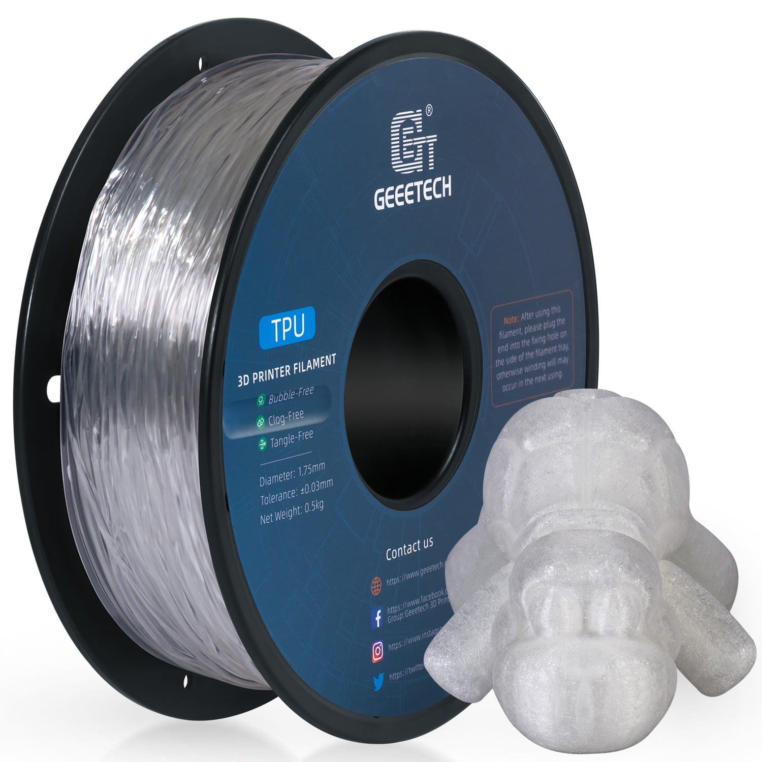 GEEETECH TPU Filament 1.75mm Flexible Soft 3D Printer Consumables Clear ...