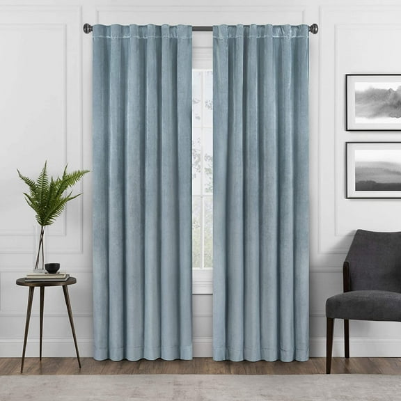 GEEHSA-Absolute Zero Harper Velvet Blackout Thermal Insulated Rod Pocket Curtains for Bedroom, Single Panel, 50" x 63", Blue