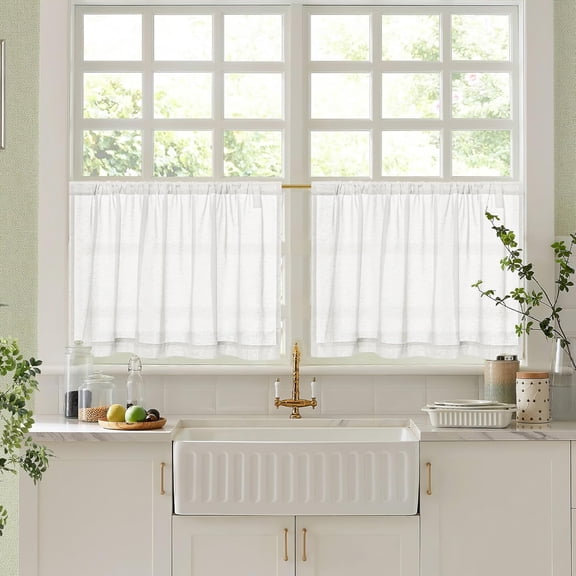 GEEHSA-Linen Kitchen Window Curtains Over Sink Rod Pocket 50 x 24 2 Sets Rustic Country Semi Sheer Light Filtering Curtains for Wide Bathroom Window Basement RV Ivory White