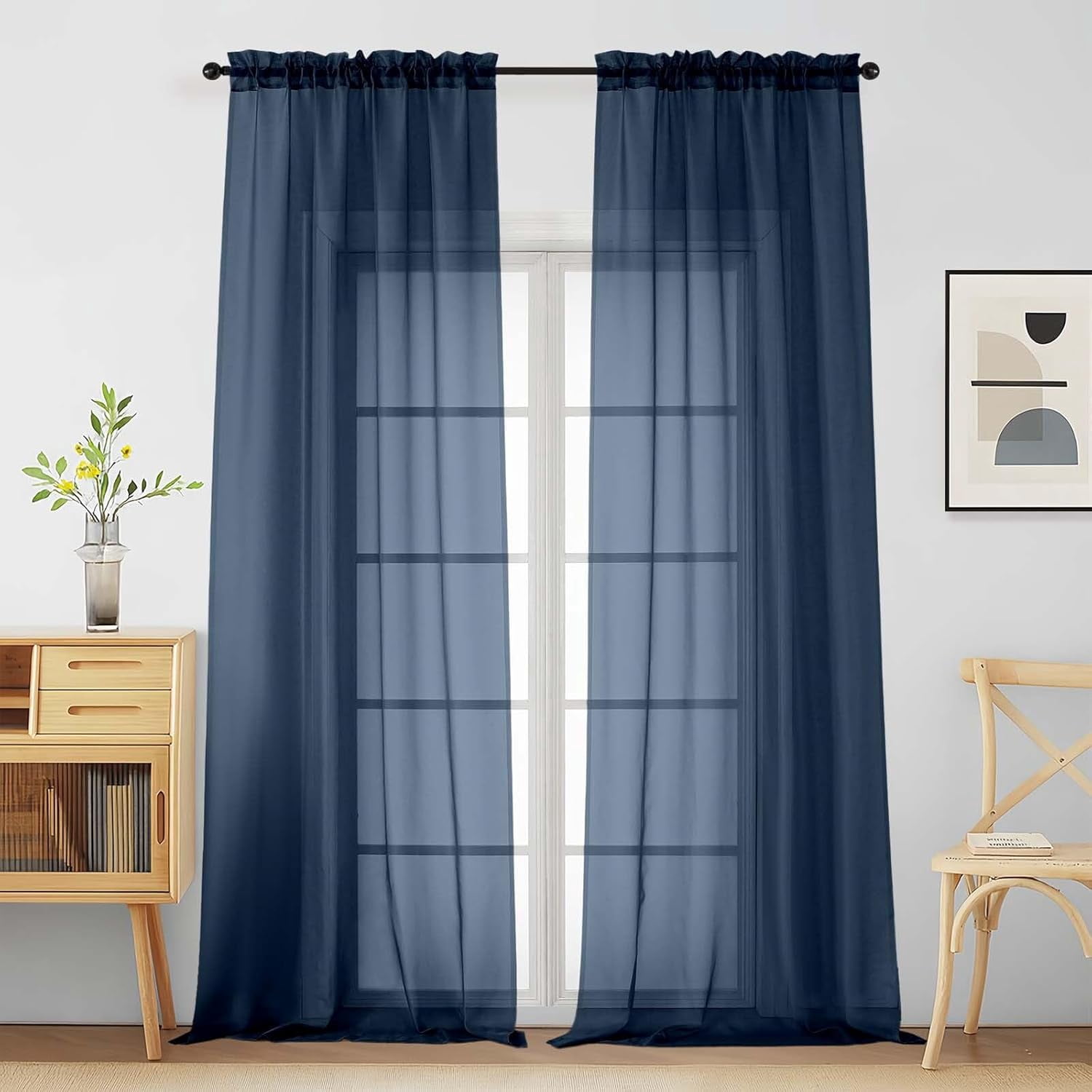 GEEHSA-Navy Blue Sheer Curtains for Window 96 Inches Long 2 Panels ...