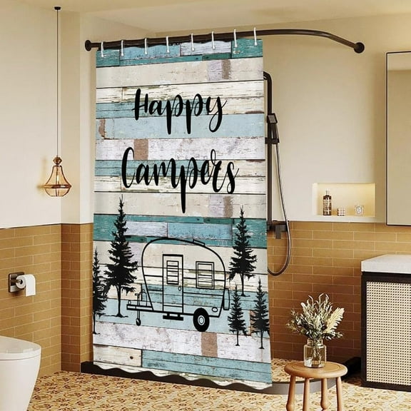 GEEHSA-RV Shower Curtain, Rustic Wood Happy Camper Shower Curtain for Travel Trailers Camping Bath Curtains Small Size Bathroom Accessories with Hooks, 47"X64"