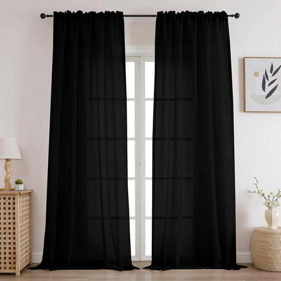 GEEHSA-Sheer Curtains Panels for Living Room Bedroom Semi Window Treatment Drapes Voile Rod Pocket Curtain,Set of 2 (54 x 72 inches Long,Black)