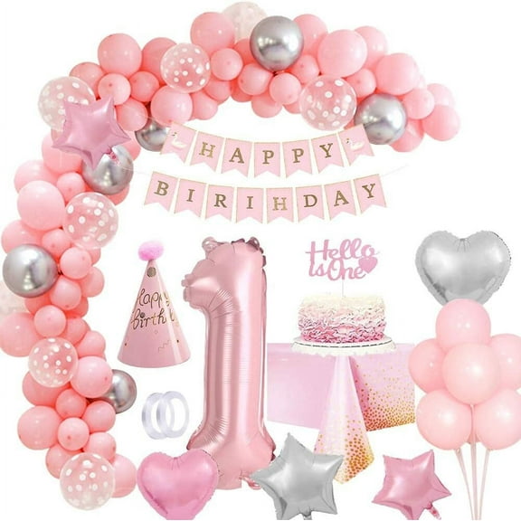 GEEKEO 1 Year Old Girl Pink Birthday Decoration, Baby Girl 1st Birthday Balloons, 40" Number 1 Balloon, Pink Balloon Arch with Happy Birthday Banner Tablecloth for Girl First Baptism Baby Shower