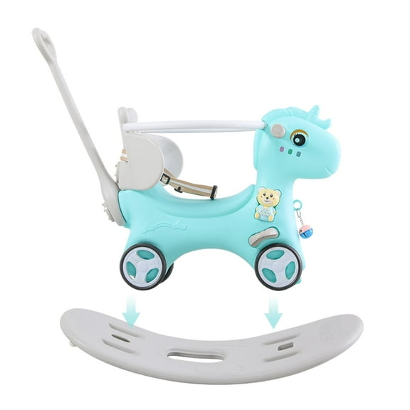 GEEKEO 5 in 1 Baby Rocking Horse with Push Handle, Multifunctional Unicorn Ride Toy, Kid Ride on Toy for 6 Month-3 Year Old Toddler, Baby Boy Girl Animal Rocker, Ride Toy Push Balance Board (Blue)