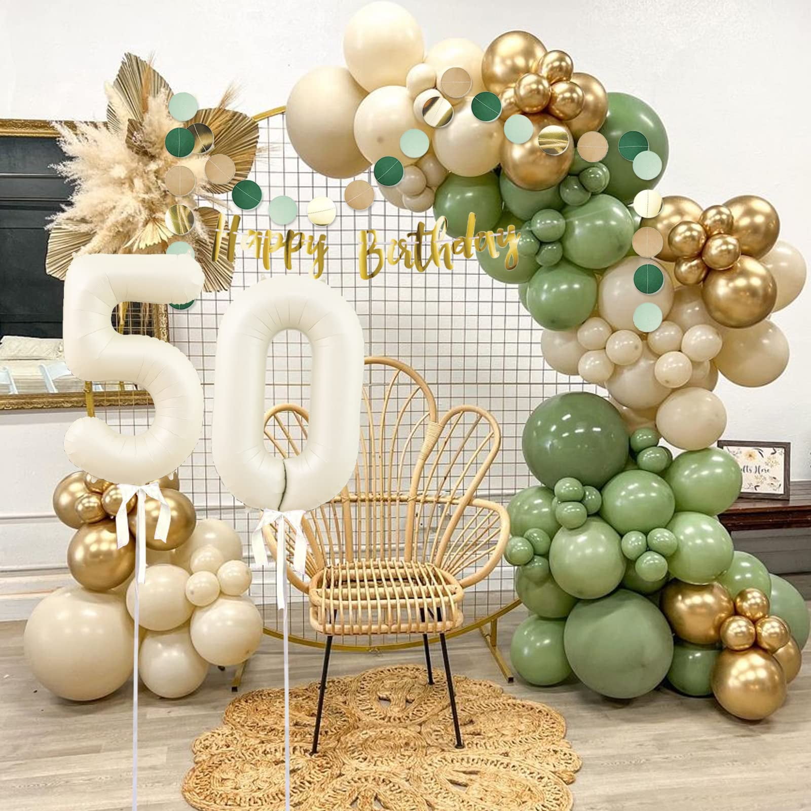 GEEKEO 50th Birthday Decorations, Sage Green Gold Birthday Party