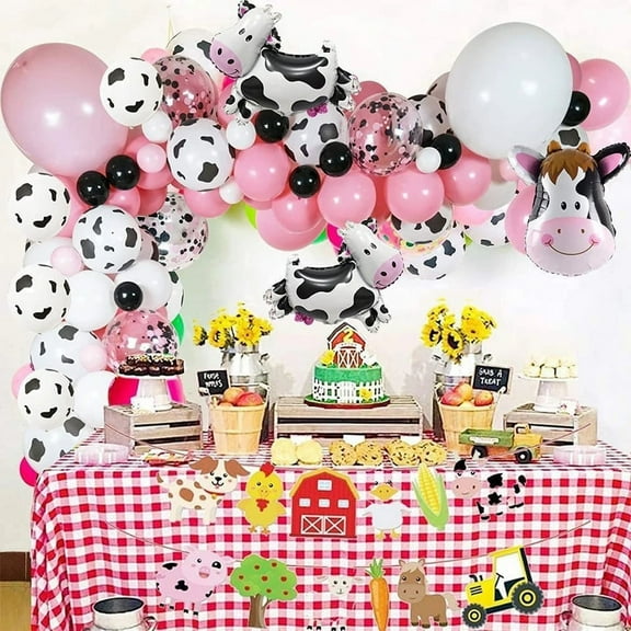 GEEKEO Cow Party Decoration Balloon, Cowgirl Cow Print Baby Pink White Balloon Arch Garland Farm Animals 3D Cow Balloon for Farm Birthday Party Baby Shower