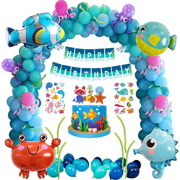 GEEKEO Under the Sea Ocean Theme Shark and Fish Birthday Party Decorations for Boys, Marine Life Blue Balloons Arch Set with Banner, Marine Animals Foil Balloons for Baby Shower