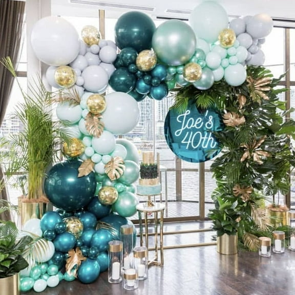 GEEKEO Teal Blue Balloon Garland Kit, Gray Green Latex Metallic Balloon Arch, Jungle Safari Birthday Party Decorations with Gold Leaves for Wild One Baby Shower Wedding Jungle Party