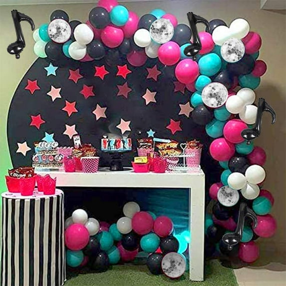 GEEKEO Tik Tok Birthday Party Supplies, Music Theme Balloon Garland Party Decoration with Hot Pink Blue Black White, Silver Confetti Balloon, Note Foil Balloons for Musical Short Video Party