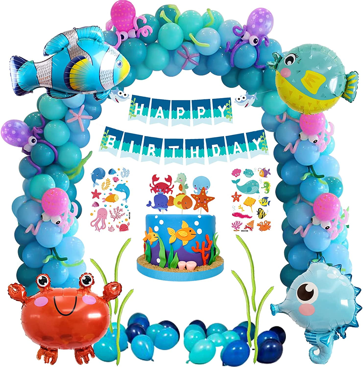 GEEKEO Under the Sea Ocean Theme Shark and Fish Birthday Party Decorations for Boys, Marine Life Blue Balloons Arch Set with Banner, Marine Animals Foil Balloons for Baby Shower