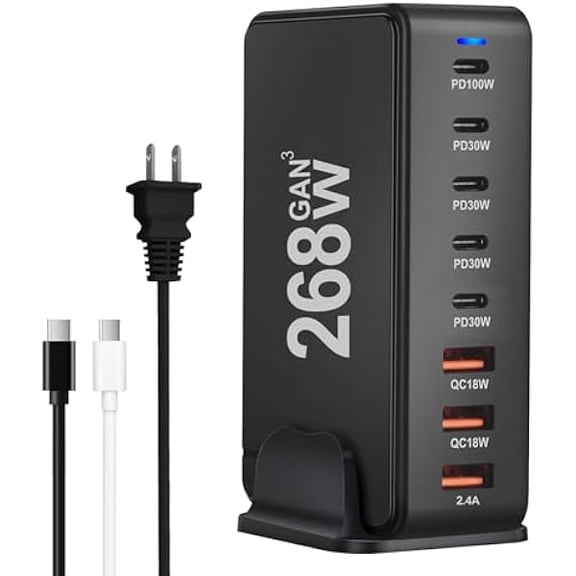 GEEKERA USB C Charger, 268W 8-Port Fast USB C Charging Station with 5 USB-C + 3 USB-A, Portable Multiport USB Charging Block Wall Hub for iPhone 15 14 13 12 iPad Pro MacBook Galaxy Pixel Switch