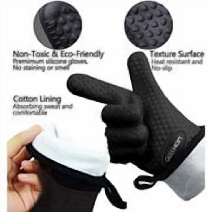GEEKHOM Grilling Gloves, Heat Resistant Gloves BBQ Kitchen Silicone Oven Mitts, Long Waterproof Non-Slip Potholder for Barbecue, Cooking, Baking (Black)