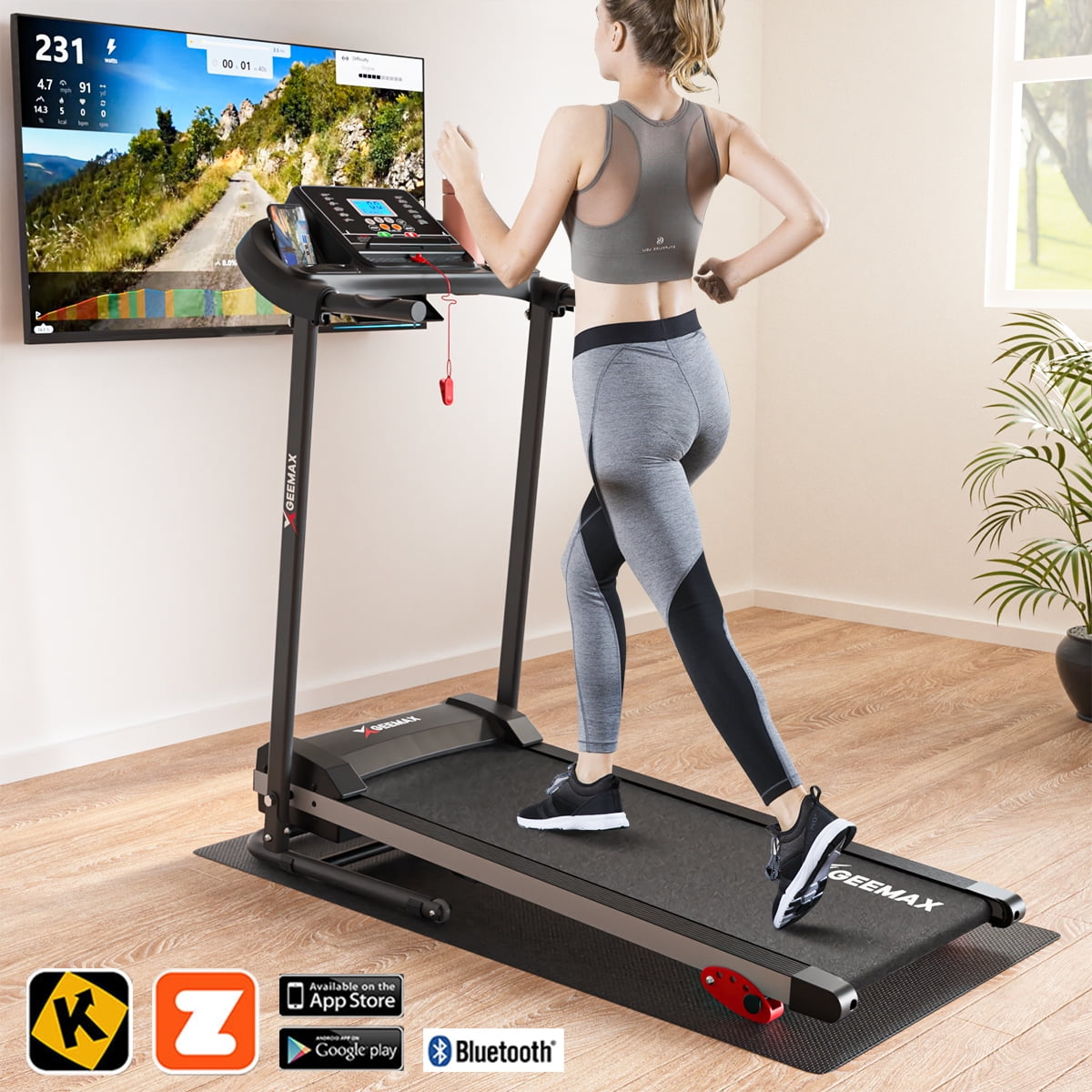 GEEMAX Electric Motorized Treadmill with 4 Incline Levels Speakers bluetooth APP Control LCD and Pulse Monitor for Home Office Walking Running