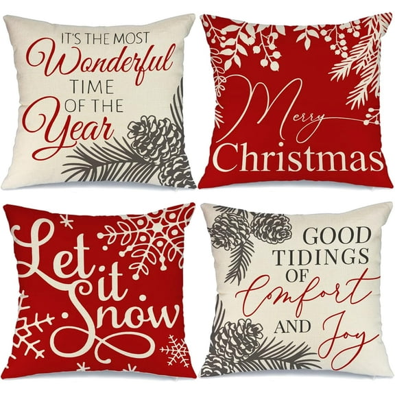 Christmas Pillow Covers 18x18 Set of 4 for Christmas Decorations Let it Snow Joy Red Christmas Pillows Hello Winter Holiday Throw Pillows Christmas Farmhouse Decor for Couch