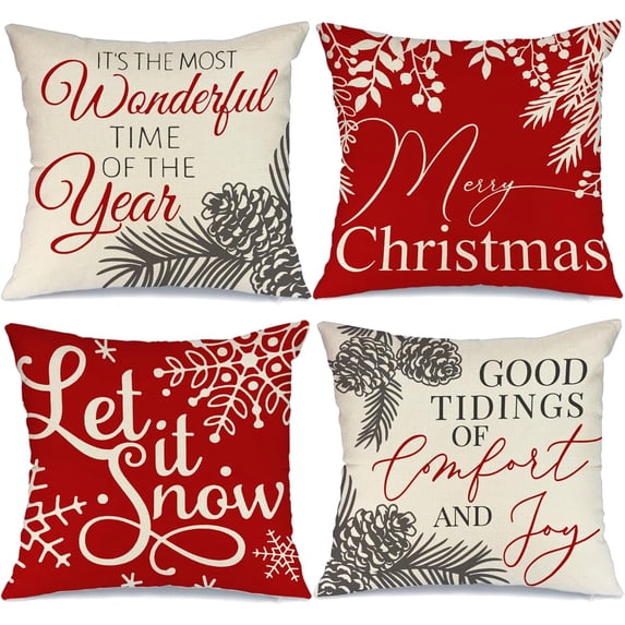 Christmas Pillow Covers 18x18 Set of 4 for Christmas Decorations Let it Snow Joy Red Christmas Pillows Hello Winter Holiday Throw Pillows Christmas Farmhouse Decor for Couch
