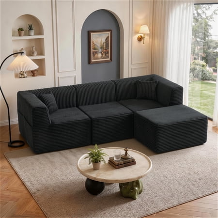 GEEYOO 100" Modular Sectional Sofa with Side Pockets,Boneless Couches with Movable Ottoman L-Shaped Cloud Sectional Couch with Deep Seat Living Room,Bedroom,No Assembly Required,Black