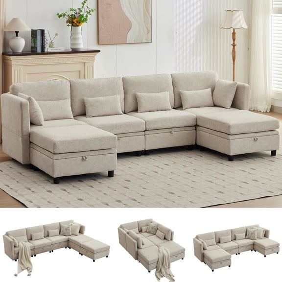 GEEYOO 112" U Shaped Sectional Sofa with Storage,Convertible Cloud Sectional Couch with Chaise,6 Seat Couch with Adjustable Backrest for Living Room,Velvet,Assembly Required,Khaki
