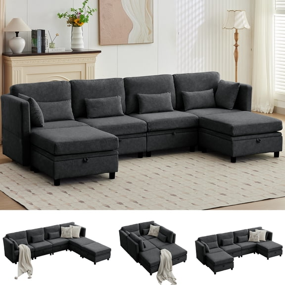 GEEYOO 112" U Shaped Sectional Sofa with Storage,Convertible Cloud Sectional Couch with Chaise,6 Seat Couch with Adjustable Backrest for Living Room,Velvet,Assembly Required,Black