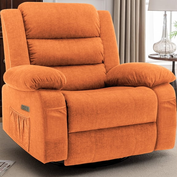 GEEYOO 270°Swivel Rocker Recliner for Adults with Massage & Heat,Power Recliner Chair with Side Pockets for Living Room,Orange
