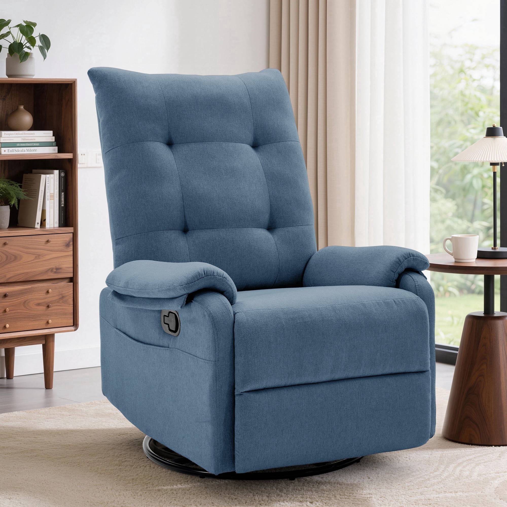 GEEYOO 360°Swivel Rocker Recliner Chair for Adults with Side Pockets,Small Recliner Chair for Small Spaces,Modern Swivel Glider Recliner for Living Room,Linen,Blue