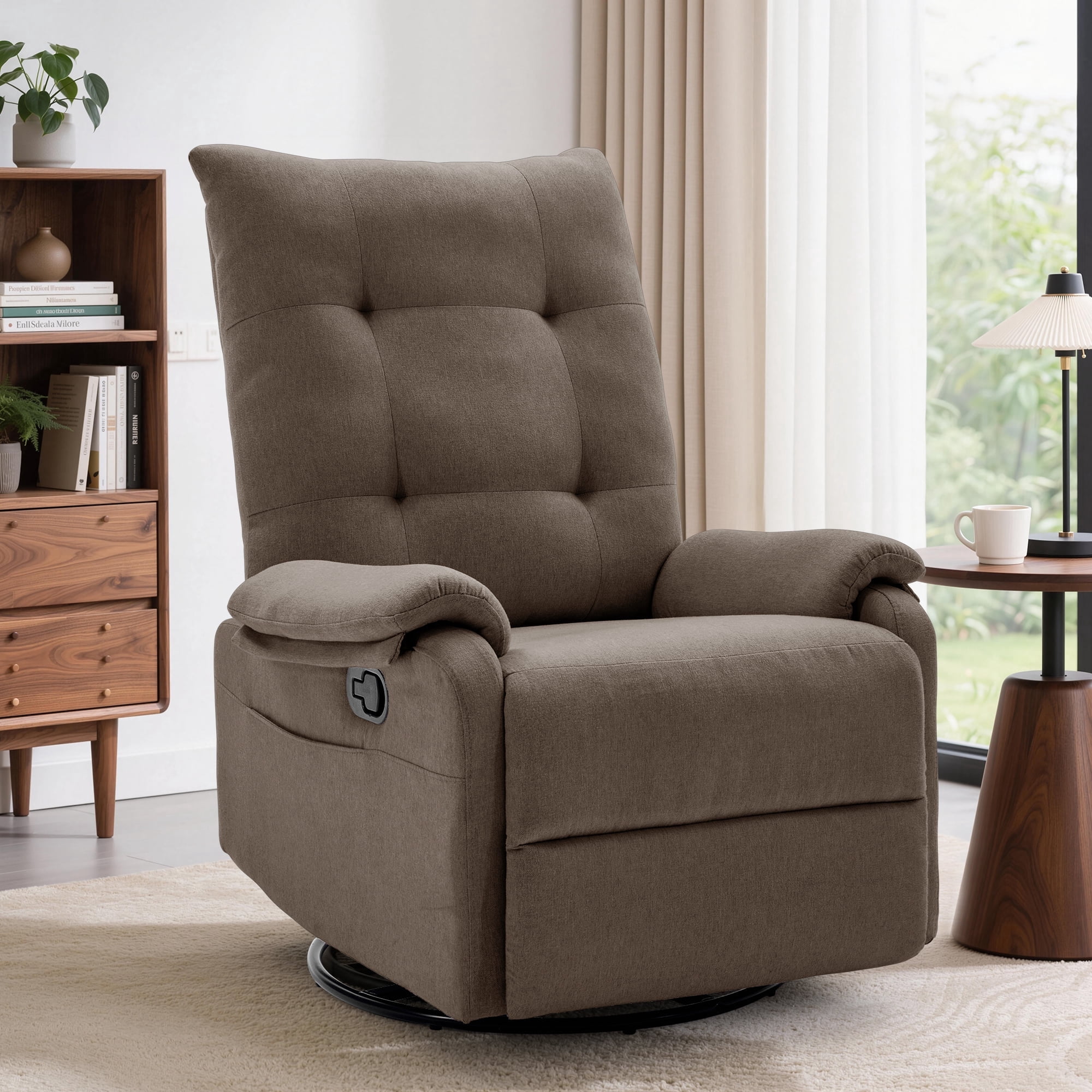 GEEYOO 360°Swivel Rocker Recliner Chair for Adults with Side Pockets,Small Recliner Chair for Small Spaces,Modern Swivel Glider Recliner for Living Room,Linen,Brown