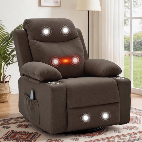 GEEYOO 360°Swivel Rocker Recliner Chair with Massage and Heat,Manual Recliners with Side Pockets & Cup Holders Nursery Glider Recliner for Living Room,Linen,Brown