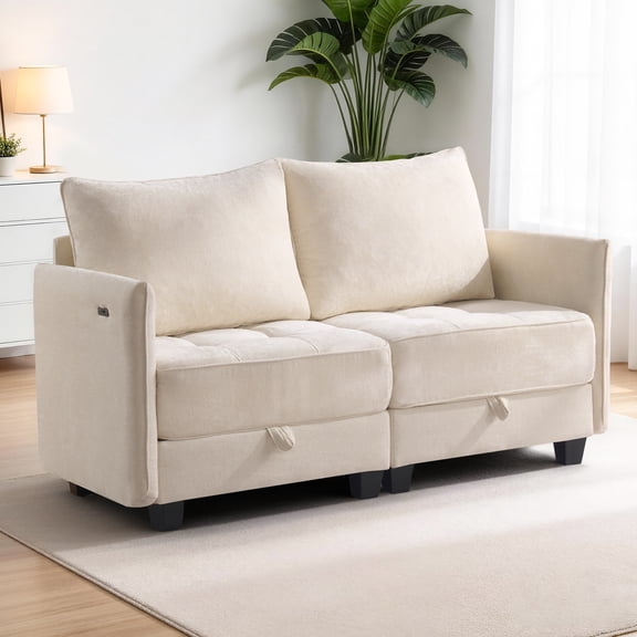 GEEYOO Loveseat Sofa Couch with Storage,Modern Love Seat Couches with USB Charging Comfy Chenille Cloud Couch for Small Spaces for Living Room,Beige