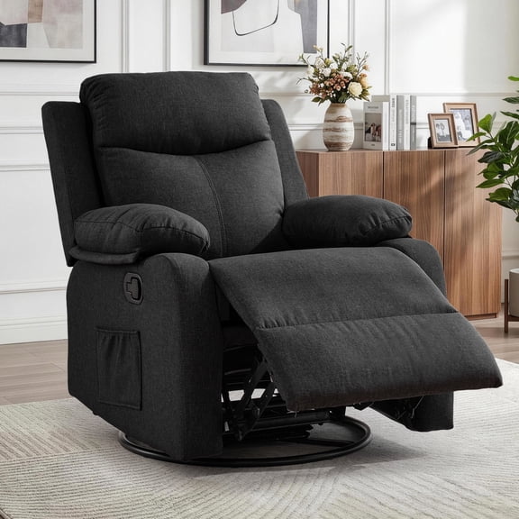 GEEYOO Manual Swivel Rocker Recliner Chair with Side Pockets,Small Recliner Chair for Small Spaces,Upholstered Linen Fabric Glider Nursery Chair for Living Room,Black