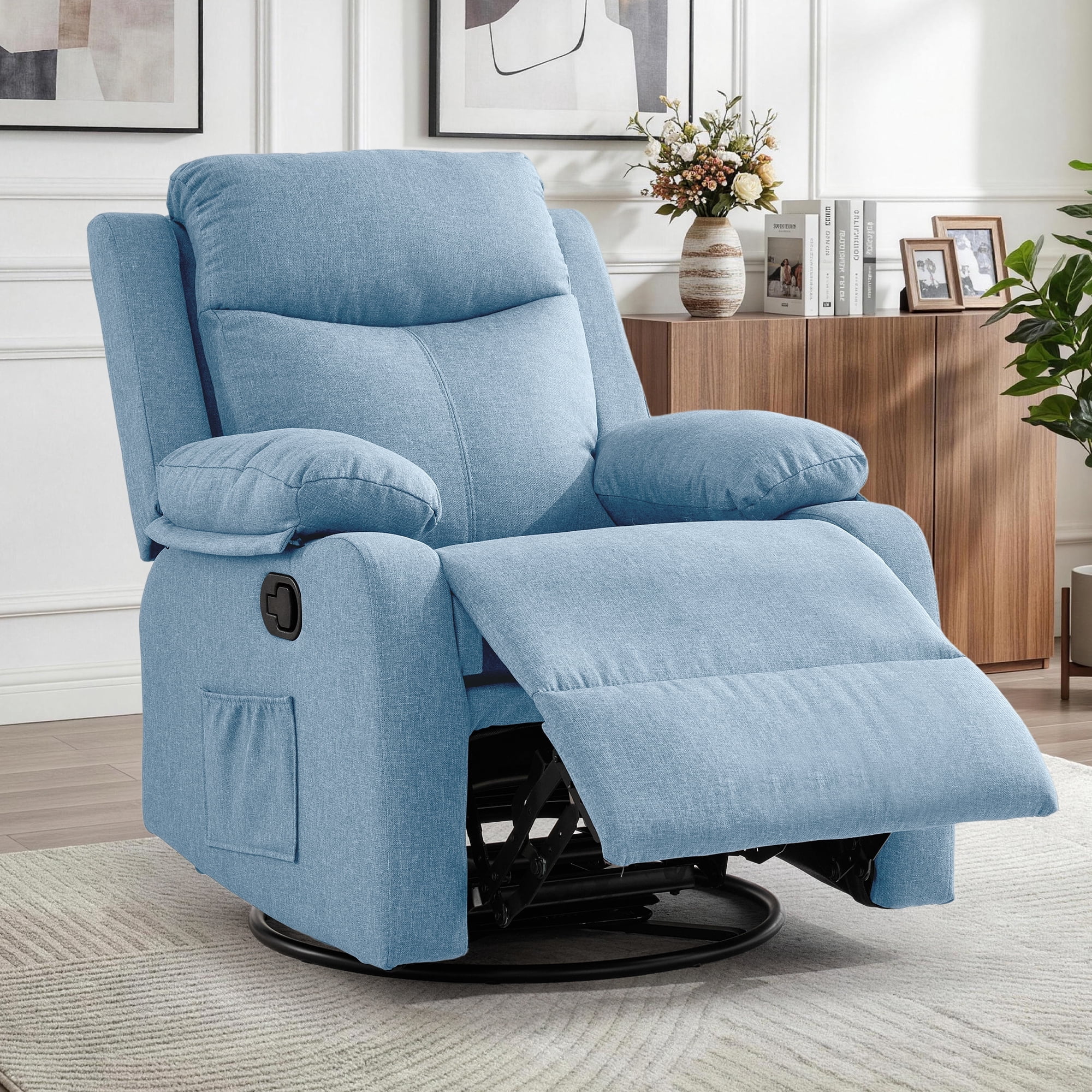 GEEYOO Manual Swivel Rocker Recliner Chair with Side Pockets,Small Recliner Chair for Small Spaces,Upholstered Linen Fabric Glider Nursery Chair for Living Room,Blue