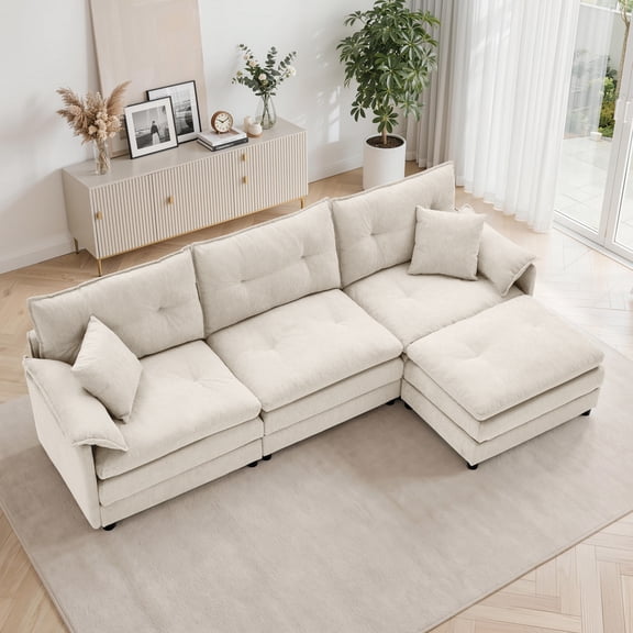 GEEYOO Modern L-Shaped Sectional Sofa with Movable Ottoman,3-Seat Couch with Deep Seat & Pillow for Living Room,Assembly Required,Chenille,Beige