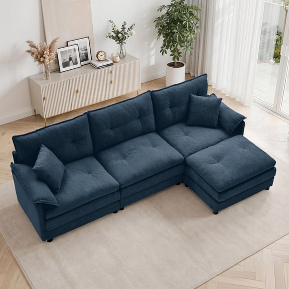 GEEYOO Modern L-Shaped Sectional Sofa with Movable Ottoman,3-Seat Couch with Deep Seat & Pillow for Living Room,Assembly Required,Chenille,Blue