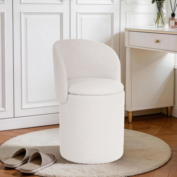 GEEYOO Modern Round Vanity Storage Stool,Sherpa Upholstered Ottoman with Foldable Backrest and Removable Lid,Comfy Makeup Stool for Bedroom Living Room,Beige