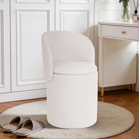 GEEYOO Modern Round Vanity Storage Stool,Sherpa Upholstered Ottoman with Foldable Backrest and Removable Lid,Comfy Makeup Stool for Bedroom Living Room,Beige