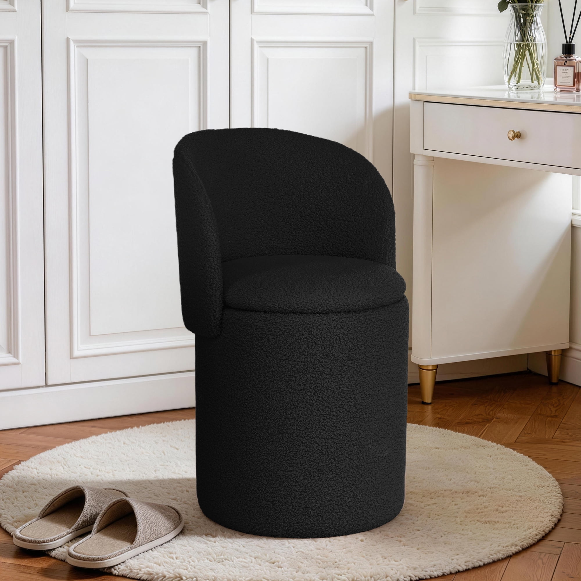 GEEYOO Modern Round Vanity Storage Stool,Sherpa Upholstered Ottoman with Foldable Backrest and Removable Lid,Comfy Makeup Stool for Bedroom Living Room,Black
