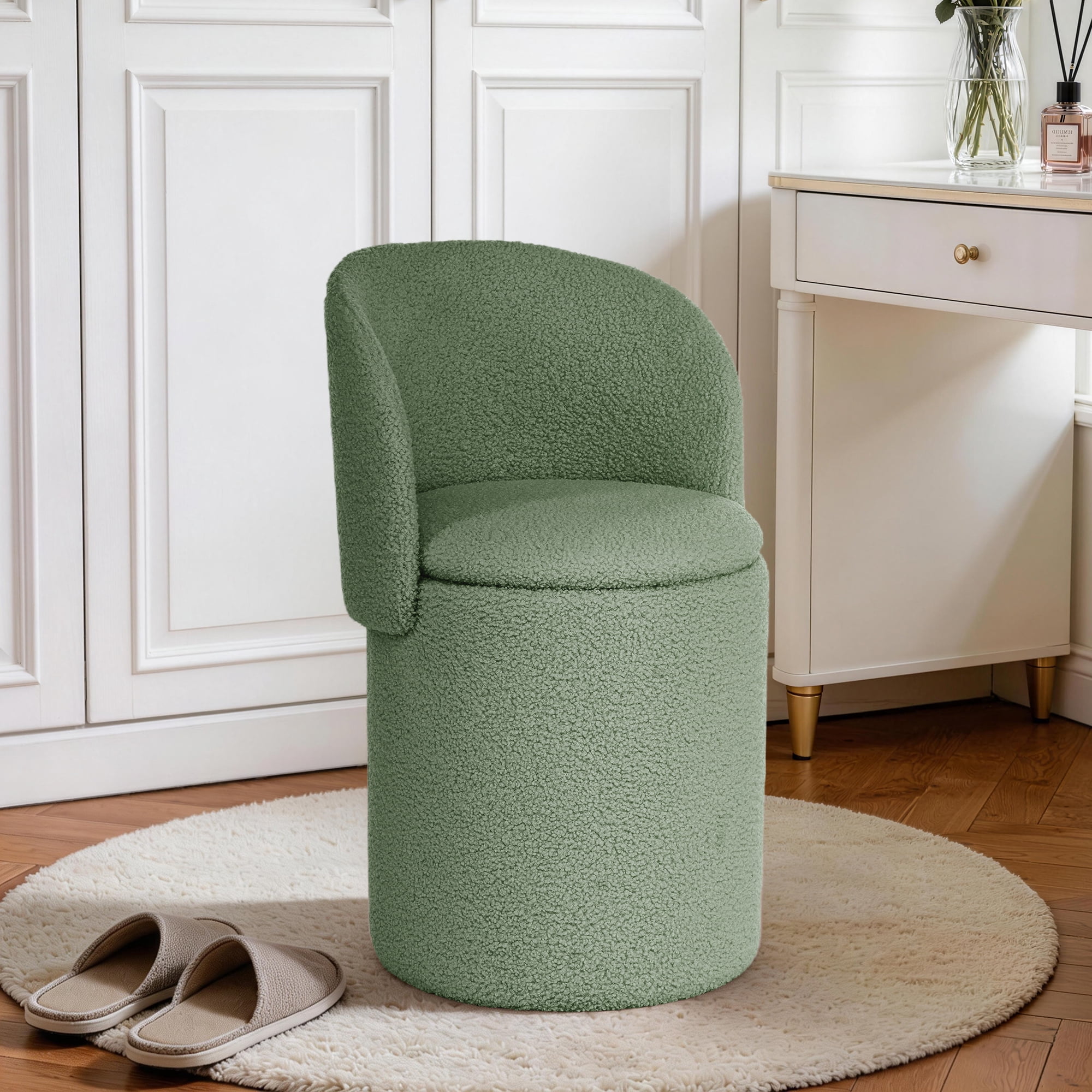 GEEYOO Modern Round Vanity Storage Stool,Sherpa Upholstered Ottoman with Foldable Backrest and Removable Lid,Comfy Makeup Stool for Bedroom Living Room,Green