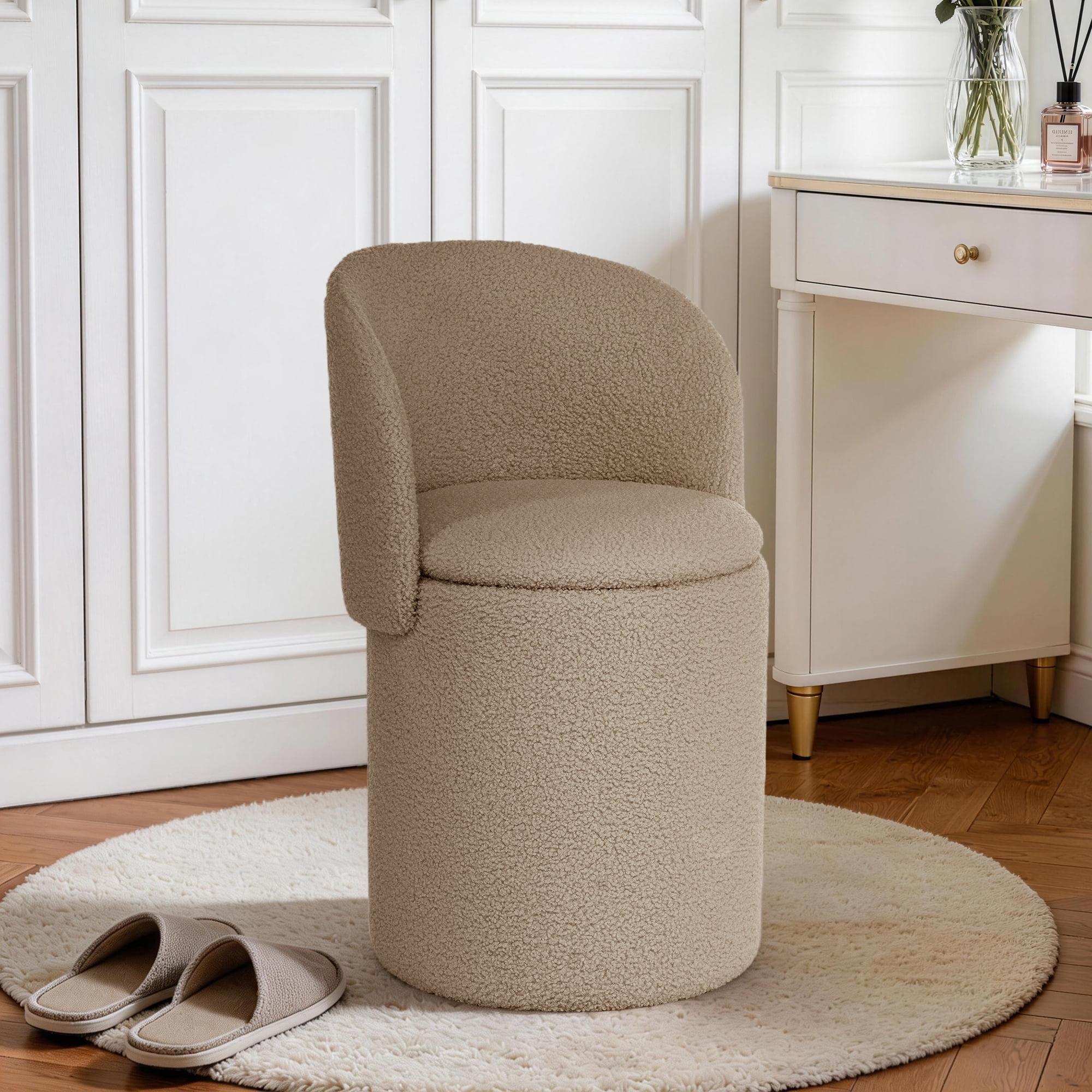 GEEYOO Modern Round Vanity Storage Stool,Sherpa Upholstered Ottoman with Foldable Backrest and Removable Lid,Comfy Makeup Stool for Bedroom Living Room,Khaki