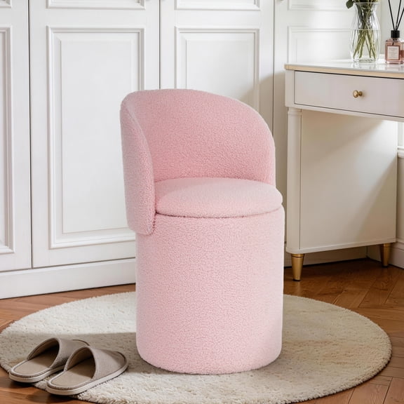 GEEYOO Modern Round Vanity Storage Stool,Sherpa Upholstered Ottoman with Foldable Backrest and Removable Lid,Comfy Makeup Stool for Bedroom Living Room,Pink