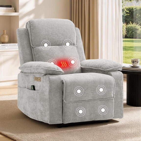GEEYOO Power Recliner Chair with Massage & Heat,Electric Recliner Chair with USB Ports & Type C for Living Room,Chenille,Light Grey