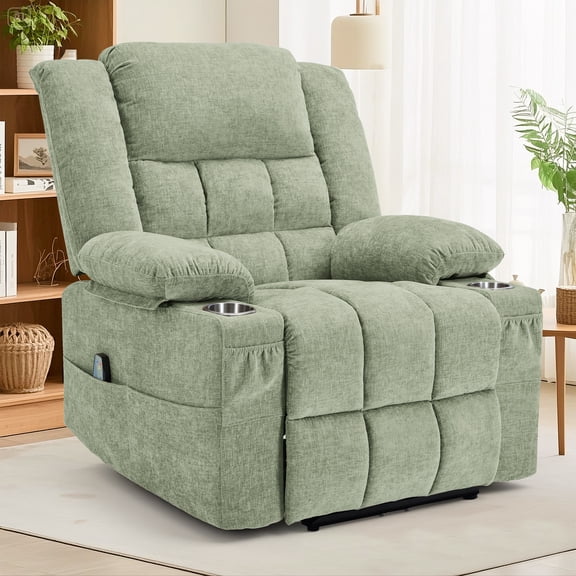 GEEYOO Recliner Chair for Adults with Massage and Heating,Zero-Gravity Recliners with Cup Holders & Side Pockets Electric Power Recliner Chair for Living Room,Chenille,Green