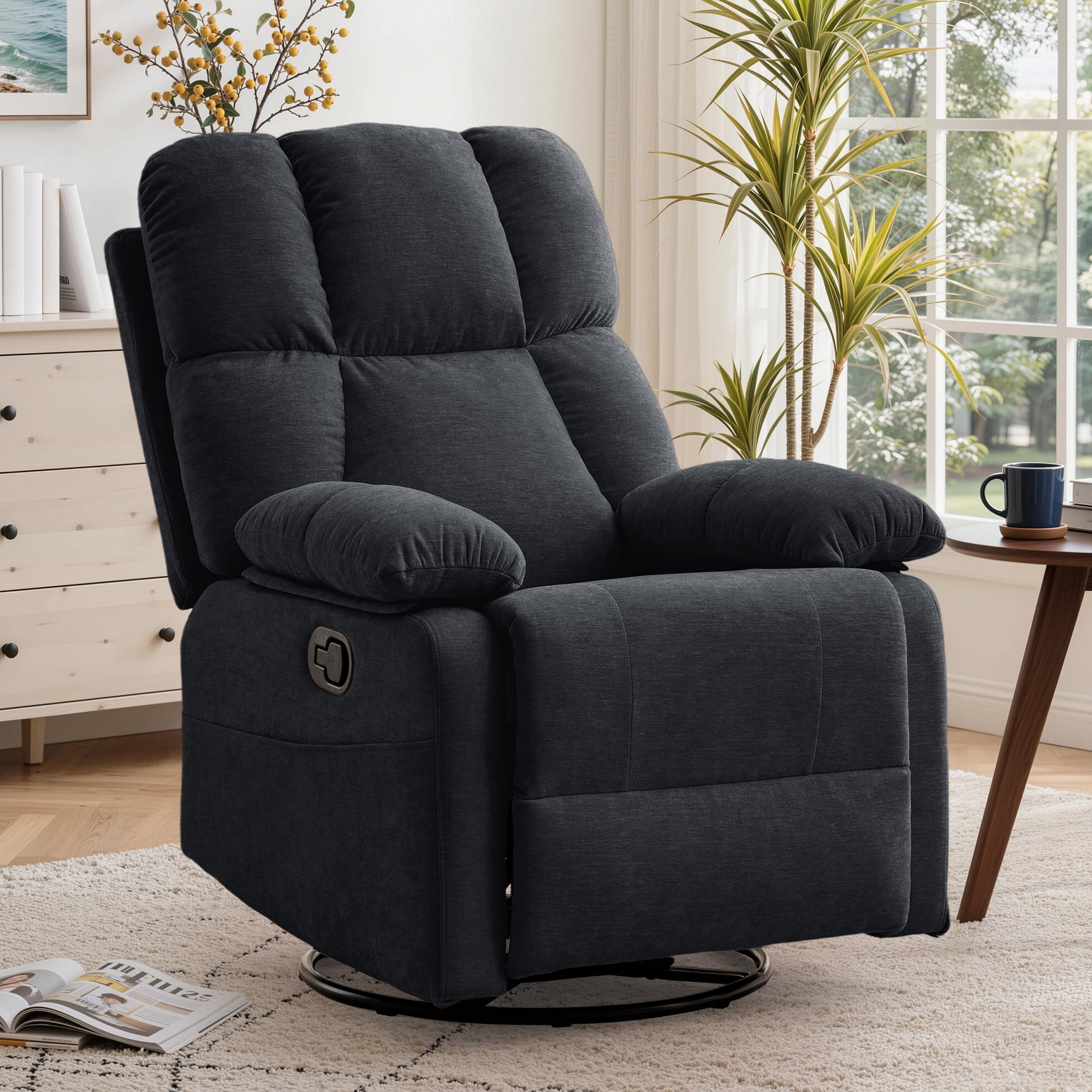 GEEYOO Swivel Rocker Recliner Chair for Adults,360°Swivel Nursery Recliner with Side Pockets,Small Recliner Chair for Small Spaces for Living Room,Linen,Black