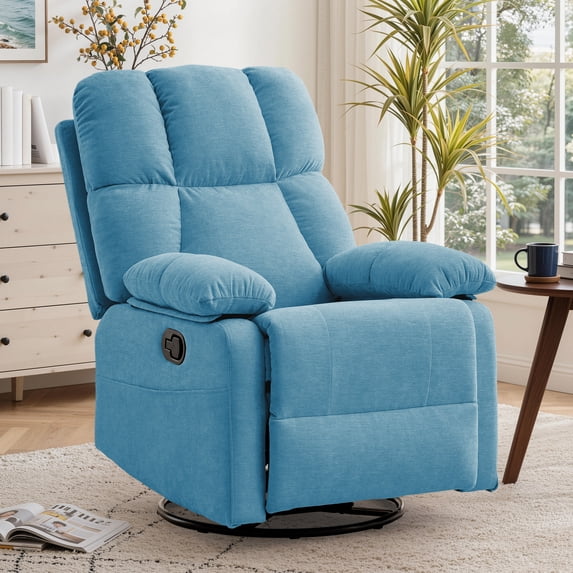 GEEYOO Swivel Rocker Recliner Chair for Adults,360°Swivel Nursery Recliner with Side Pockets,Small Recliner Chair for Small Spaces for Living Room,Linen,Blue