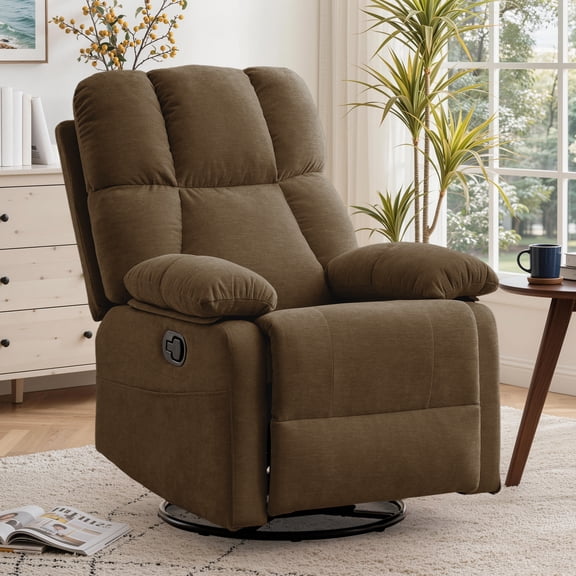 GEEYOO Swivel Rocker Recliner Chair for Adults,360°Swivel Nursery Recliner with Side Pockets,Small Recliner Chair for Small Spaces for Living Room,Linen,Brown