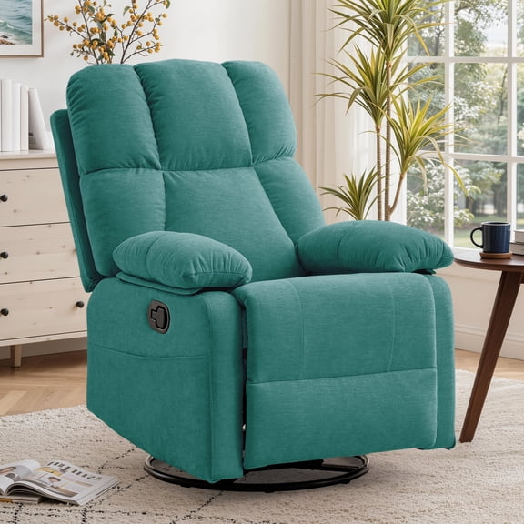 GEEYOO Swivel Rocker Recliner Chair for Adults,360°Swivel Nursery Recliner with Side Pockets,Small Recliner Chair for Small Spaces for Living Room,Linen,Green