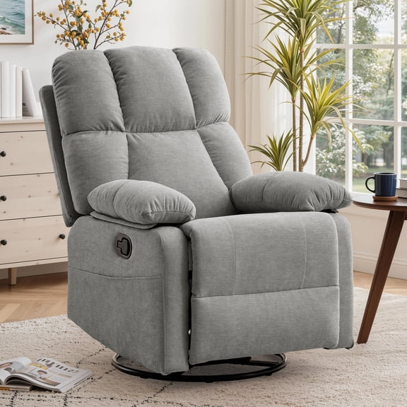 GEEYOO Swivel Rocker Recliner Chair for Adults,360°Swivel Nursery Recliner with Side Pockets,Small Recliner Chair for Small Spaces for Living Room,Linen,Light Grey